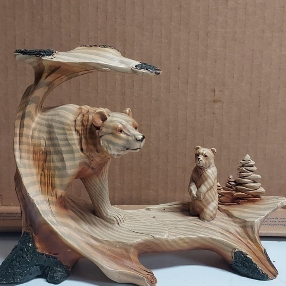 Mama Bear with Her Cub Sculpture   Woodlike Figurine